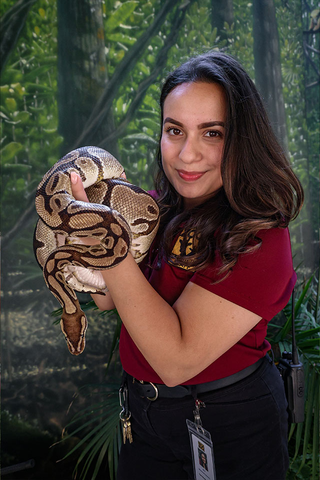 Arly Benitez, Ambassador Animal Keeper, holding a snake